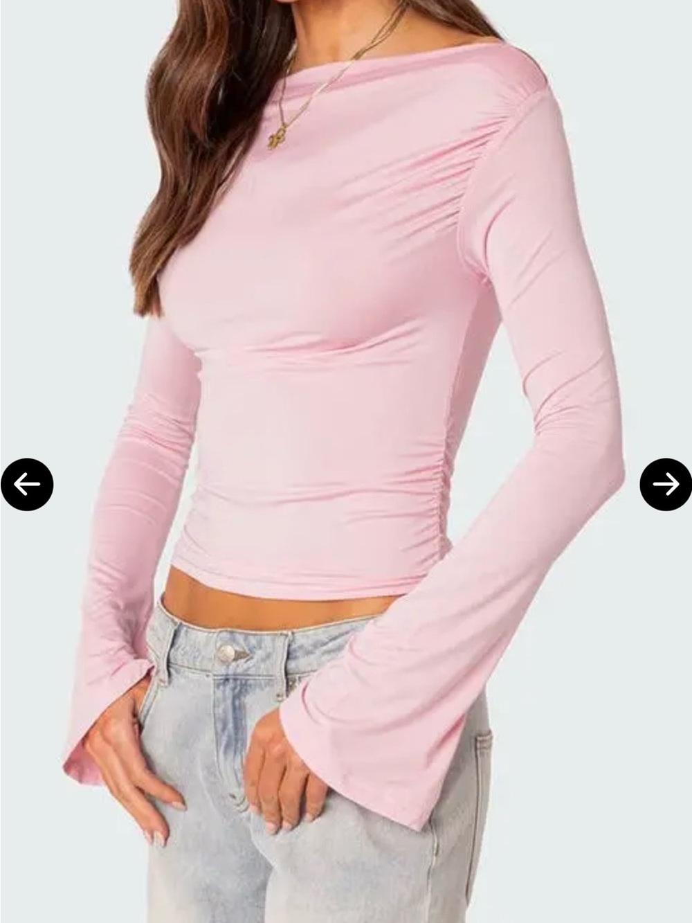 Edikted Light Pink Long-Sleeve Boatneck Top with bell sleeves Sz XS - Picture 4 of 11